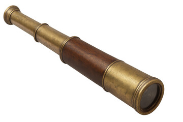 Fototapeta premium Vintage telescope made of brass and wood, isolated on transparent background, perfect for historical or nautical projects