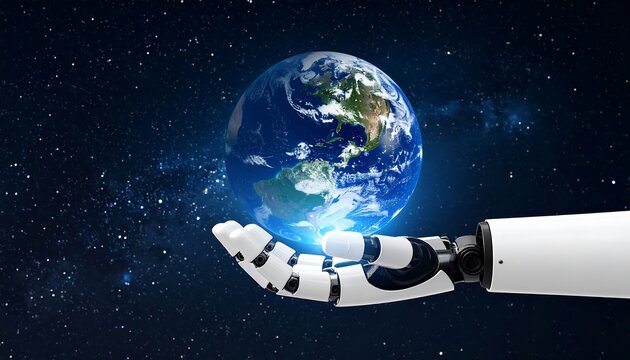 Robotic hand holds Earth in space (1)