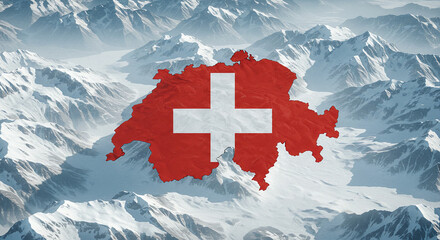 Elegant design merging Switzerland&rsquo;s red-white cross flag into the Alpine-shaped map of the country. Snowy textures and mountain peaks reflect Swiss precision and natural beauty.