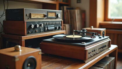 Obraz premium Vintage audio equipment with vinyl records. Turntable, amplifiers and wooden speakers creating retro atmosphere. Nostalgia for music lovers. Old sound tech, stereo for audiophiles.