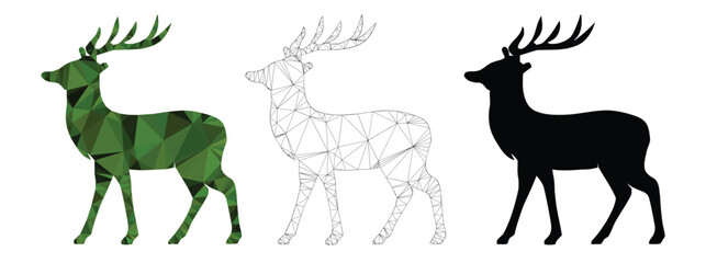 Geometric Deer Silhouette Green Low Poly, Wireframe, and Black Variations