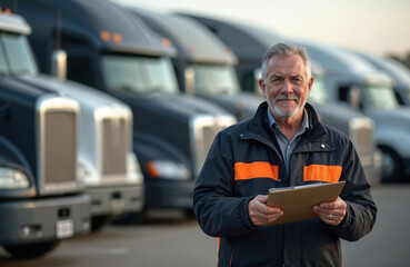 Mature man 40s holds clipboard stands front fleet semi-trucks. Experienced confident truck driver, manager, owner checks logistics, transportation. Smiling portrait at truck parking, logistic center.
