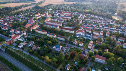 Aerial view around the old town in the city Werdau
on an sunny spring afternoon