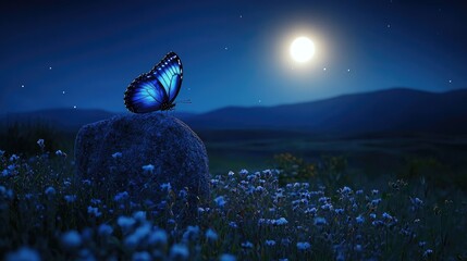 Fototapeta premium A luminous butterfly rests on a rock under a night sky.