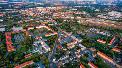 A panoramic aerial view of the city Zwickau in Germany on a sunny afternoon in spring
