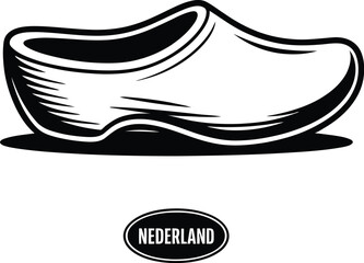 A monochrome illustration of a traditional dutch wooden shoe called a klomp with nederland text below