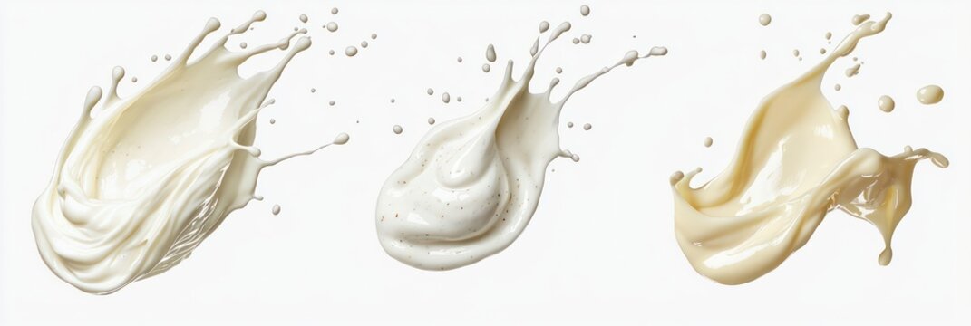 Cutout of set of 3 subject: mayonnaise, garlic aioli, and ranch dressing splashing together in a creamy swirl, isolated on a PNG transparent background