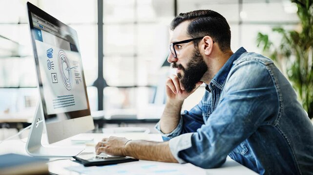 Graphic designer perfects modern logo on widescreen monitor, experimenting with shapes, gradients, and negative space for strong brand identity