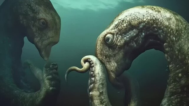 Underwater Encounter: Abstract depiction of a symbiotic relationship between creatures