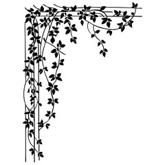 Black Silhouette Climbing Vines Corner Border Small Leaves Botanical Design Element