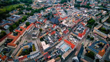 A panoramic aerial view of the city Zwickau in Germany on a sunny afternoon in spring