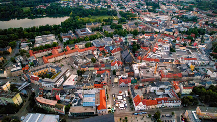 A panoramic aerial view of the city Zwickau in Germany on a sunny afternoon in spring