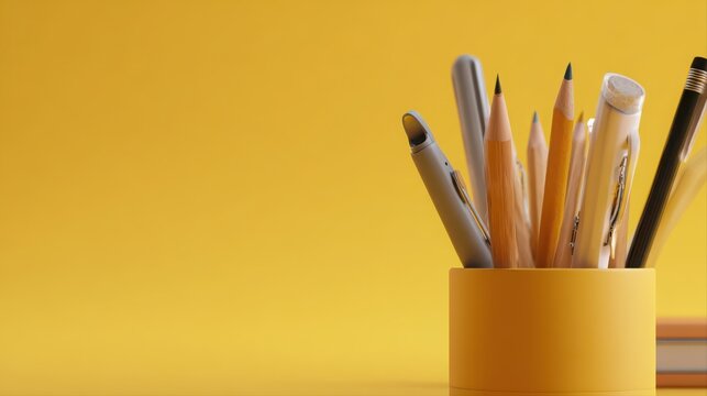 A close-up of the flat yellow background, with pencils and pens in a pencil holder on one side. 