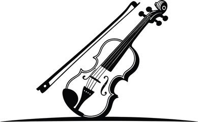 A minimalist black and white illustration of a violin with its bow resting on a white background