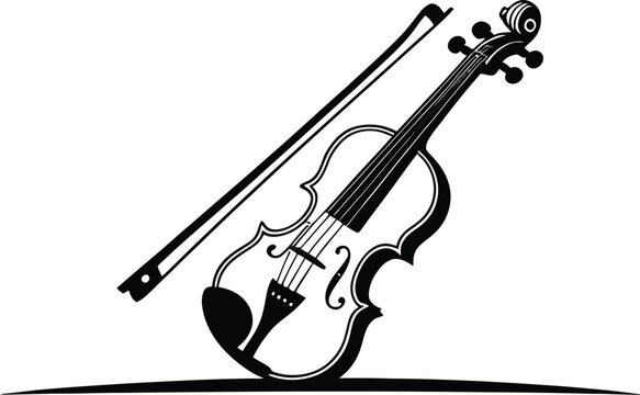 A minimalist black and white illustration of a violin with its bow resting on a white background