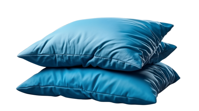 Two soft, blue pillows are stacked gently on top of each other against a gray backdrop, promising rest and comfort transparent.