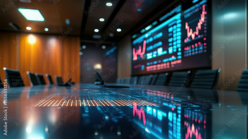 Poster modern boardroom with stock market data display and reflective table