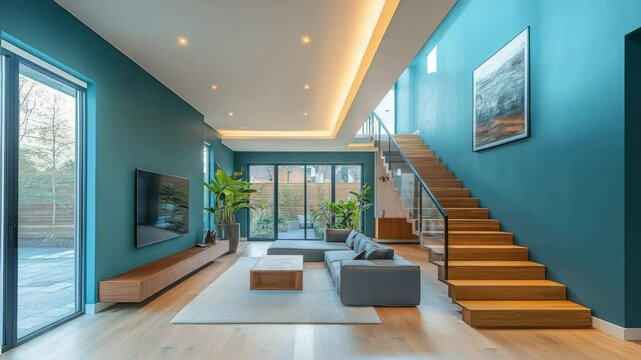 Minimalist double floor home interior with wide windows, sunlight and staircase leading to upper level