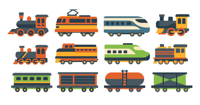 Cute train illustrations in bright colours, ideal for children's books, toys and school projects.