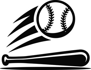 A graphic illustration of a baseball and bat with motion lines on a light beige background image art