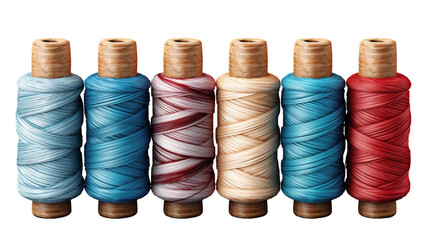 Colorful spools of sewing thread in blue, red, and tan create a crafting and textile design element transparent.