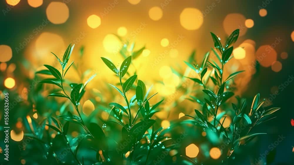 Poster abstract macro shot of green leaves with bokeh lights, creating a magical and dreamy atmosphere