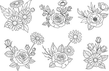 Elegant Line Art Floral Bouquets Six Unique Designs for Digital Projects