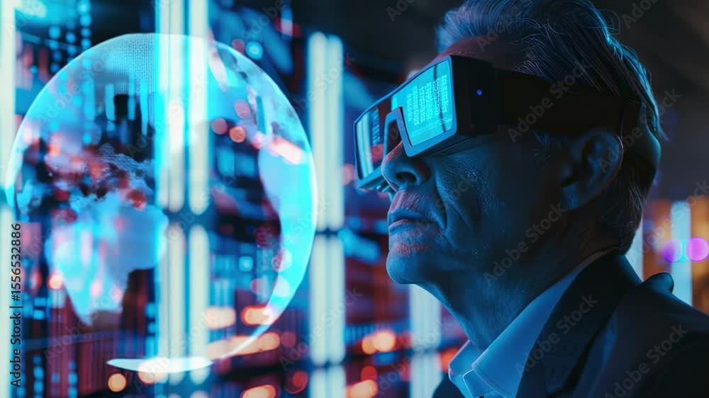 Poster man in vr headset interacts with holographic globe in futuristic setting