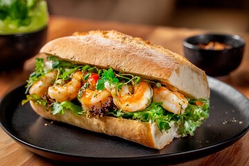 A delicious sandwich filled with tender shrimp, fresh greens, and herbs sits on a black plate. This appetizing meal showcases vibrant colors and textures, perfect for a satisfying lunch