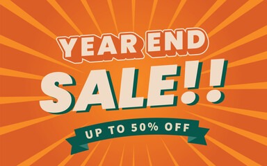 Year end sale banner flyer poster design. orange color retro style vector template 