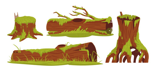 Cartoon moss plants on wood trunks. Swamp green moss, rainy forest lichen and fungus plants growing on rotten wooden stumps flat vector illustration set. Moss plants collection