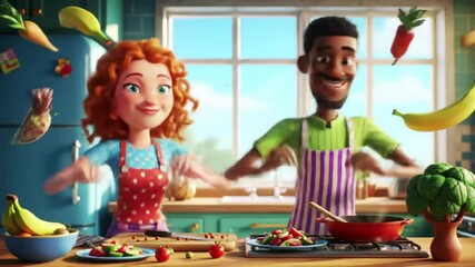 Animated couple in colorful kitchen happily dancing while making fresh dishes with vegetables and fruit. concept of cooking together, healthy lifestyle, culinary fun Animation - Powered by Adobe