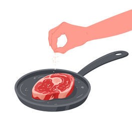 Grilling steak salting. Hand salting roasted meat semi-finished product, beef steak cooking process flat vector illustration. Cartoon cooking meat steak