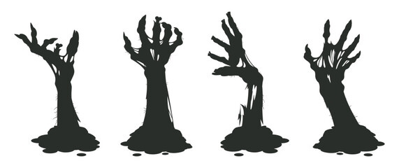 Halloween spooky monsters hands. Zombie arms sticking out of ground, bony zombie hands silhouettes flat vector illustration set. Living dead characters crawl out of graves