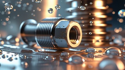 Metal bolt and water droplets