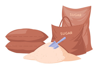Sweet sugar package. Sugar textile bags, sugarcane product sackcloth bags flat vector illustration. Sugarcane production bags on white
