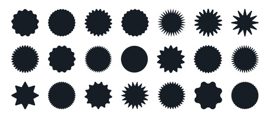 Sunburst shapes. Black sunburst stickers, discount offer price labels, zigzag edges sharp tags flat vector illustration set. Sunburst labels silhouettes collection