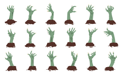 Zombie arms crawl out of graves. Scrawny zombie hands, Halloween spooky monsters bony creepy hands flat vector illustration set. Living dead characters arms sticking out of ground