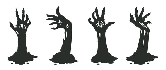 Zombie arms sticking out of ground. Living dead characters crawl out of graves, creepy Halloween spooky monsters hands flat vector illustration set. Bony zombie hands silhouettes