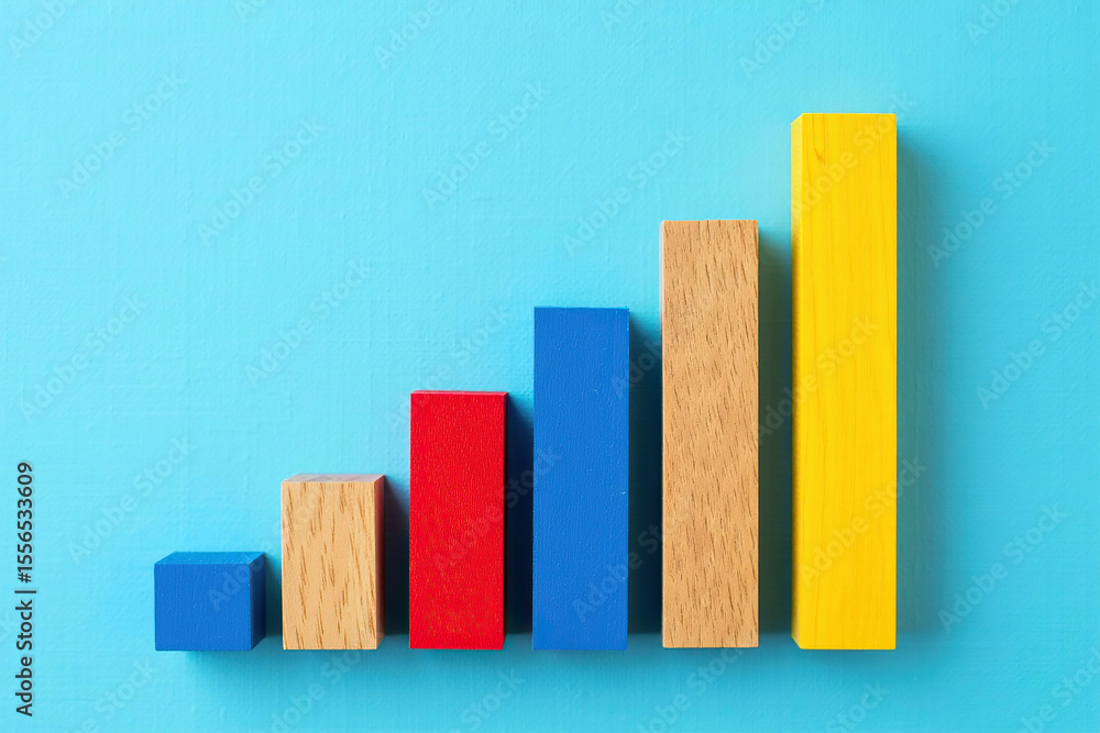 Poster colorful bar graph representing business growth and success with increasing values on a blue backgro