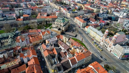 Aerial panorama view of the old town and market place of Pilsen, Czech Republic on a sunny spring...