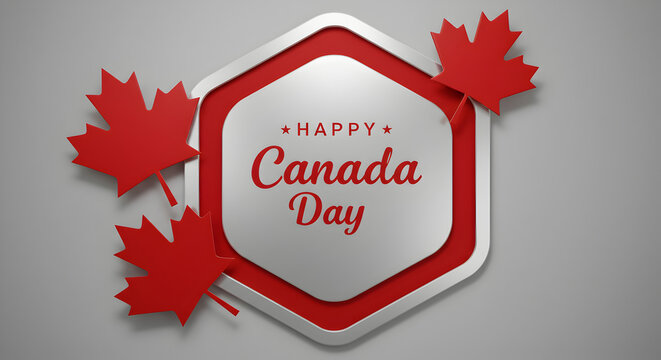 Celebrate Canada Day with a festive design featuring a badge and red maple leaves on a neutral background for banners and promotions.