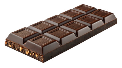 Dark chocolate bar with nuts broken into squares isolated on transparent background