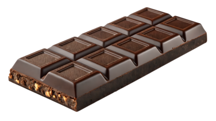 Dark chocolate bar with nuts broken into squares isolated on transparent background