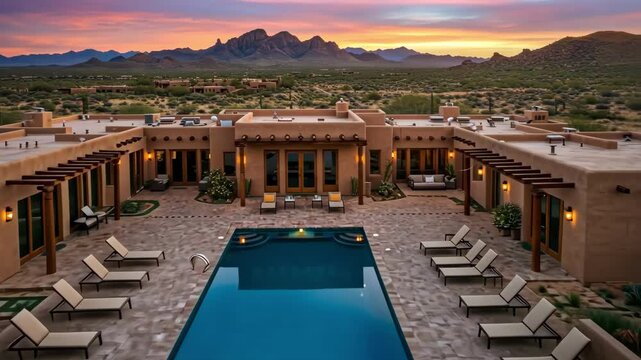 Luxury desert home with pool and mountain views at sunset