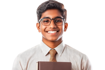 Young Student with Glasses Holding a Book, Smiling Brightly in a Professional Attire, Isolated on White Background for Educational Themes