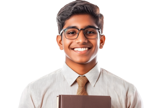 Young Student with Glasses Holding a Book, Smiling Brightly in a Professional Attire, Isolated on White Background for Educational Themes