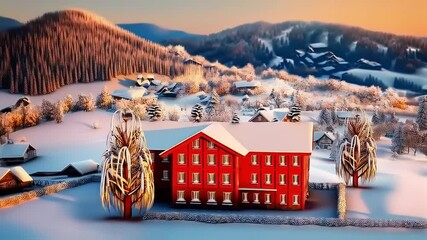 Scenic winter village nestled within a snow-covered mountain valley at sunset - Powered by Adobe