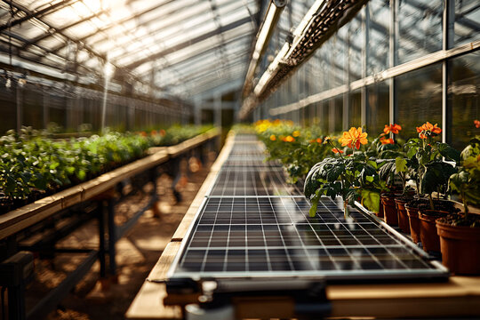 Sustainable greenhouse farming: solar panels powering plant growth - Powered by Adobe