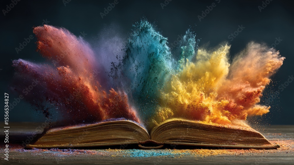 Poster Open book with colorful explosions representing knowledge and imagination unfolding in a world of abstract ideas